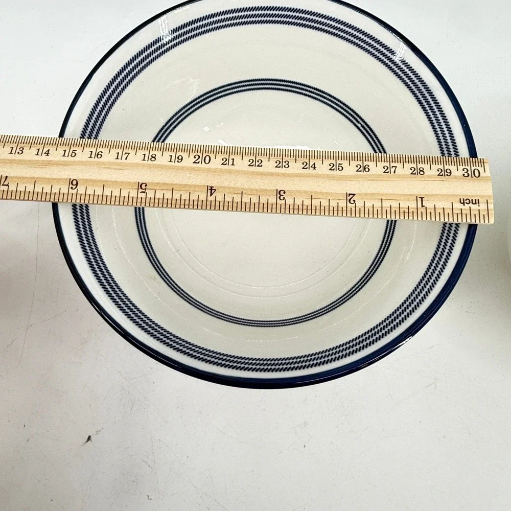 Cereal Bowls Set of 2 White Navy Blue Striped Nautical Coastal Style Tall Soup